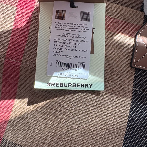 Burberry Checkered Tote Bag NWT MediumTaupe Brown Check $1290 - Picture 2 of 7